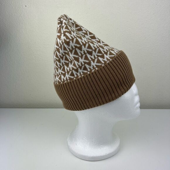 Michael Kors MK Repeat Logo Knitted Beanie Hat, Camel /Cream, One Size - Picture 4 of 5